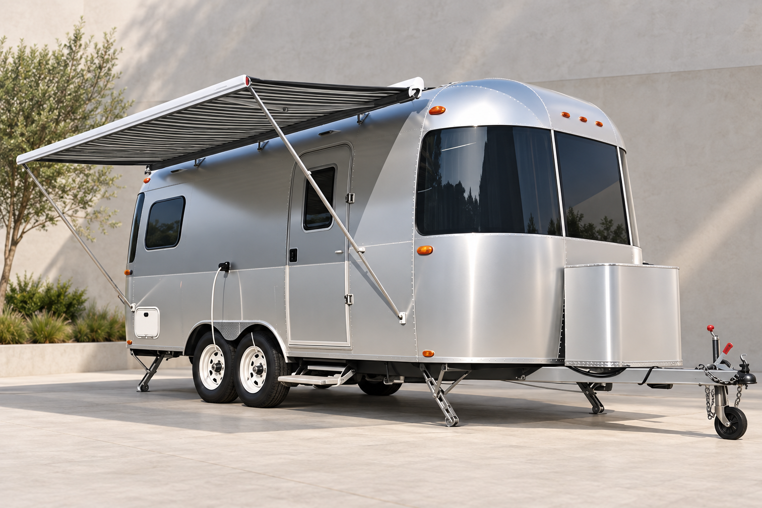Aluminum caravan with awning in a mountain setting